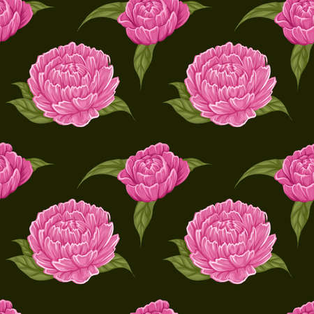 Seamless pattern with cartoon peony flowers with foliage on dark green background for wrapping paper. Vector fabric swatch. Botany texture of natural flowerhead in row for wallpaperのイラスト素材