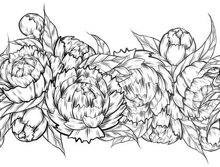 Seamless border with monochrome sketch peony flowers, foliage and hatching isolated from background. Vector outline floral frame. Black contour botany frieze of natural flowerhead in row for brushのイラスト素材