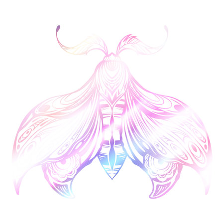 Vector iridescent purple drawing of a night butterfly. Fluorescent olorful illustration of a moth with tracery ornament. Foil insect with decorating wings isolated from background.のイラスト素材