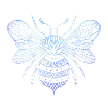 Drawing of blue watercolor bee. Vector colorful drawing of honey bee with tracery ornament. Insect with wings with white boho ornament isolated from background for sticker, cardsのイラスト素材