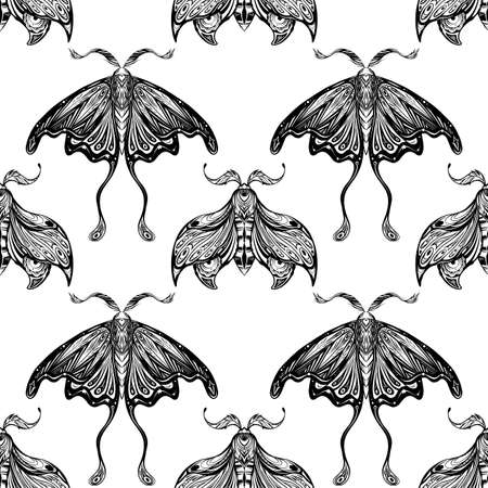 Vector seamless pattern with drawing night butterfly with boho decoration in row. Monochrome texture with moth tracery ornament. Entomology fabric. Wallpaper with insect wingsのイラスト素材