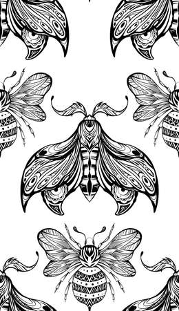 Seamless pattern with drawing bee and moth with boho decoration. Vector monochrome texture with night butterfly and bumblebee with tracery ornament. Entomology fabric swatch on white background.のイラスト素材