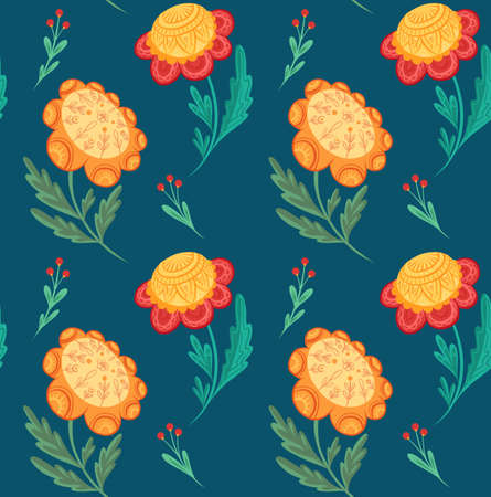Vector seamless pattern with flowers with folk art on a blue background. Naive traditional floral texture. Natural background with poppy and berries for fabrics and wallpapers.のイラスト素材