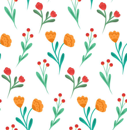 Vector simple ditsy pattern. Natural texture with small flowers, stems and berries on white background. Floral swatch fabric. Wallpaper with leaves and petalsのイラスト素材