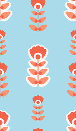 Vector seamless simple pattern with red geometric flowers on a stem with foliage on blue background....
