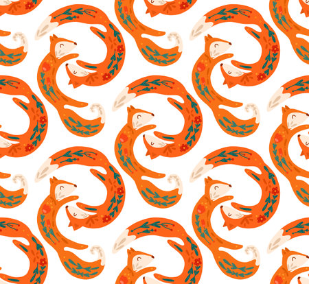 Vector seamless pattern of dancing folk art foxes on white background. Animal texture love and family. Background with animals with floral decorations for wallpaper and fabricのイラスト素材