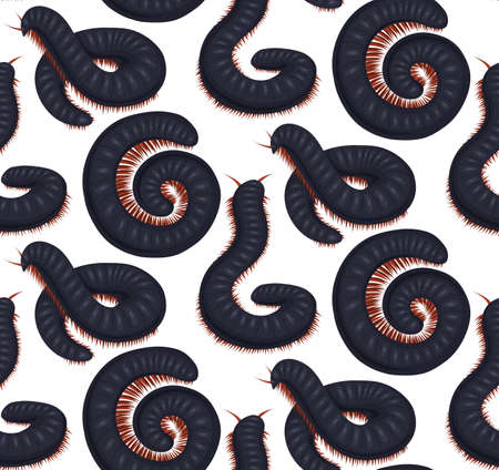 Vector seamless pattern with scary centipedes on white background. Texture with cartoon julida....