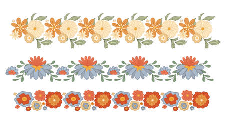 Vector set of seamless retro border with groovy flowers isolated from background. Collection of...