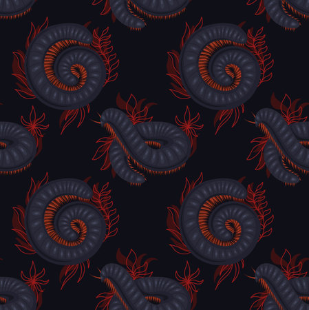Dark vector seamless pattern with scary centipedes in roll with foliage and leaves on black background. Wallpaper with insect with a chitinous shell. Fabric with millipede insect. texture with julida.のイラスト素材
