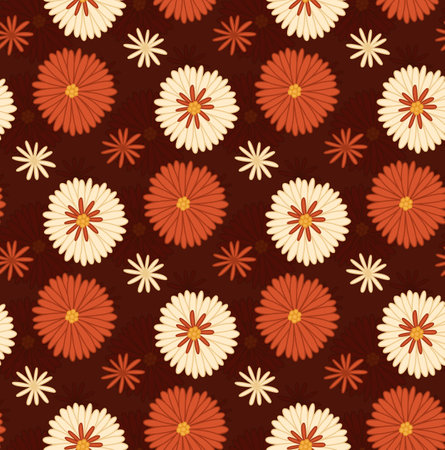 Seamless retro pattern with groovy flowers on dark background. Vector hippie texture with white and red flowers.のイラスト素材