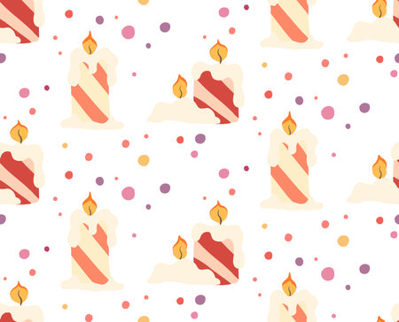 Vector seamless Christmas pattern. Holly night. New year wallpaper with flat hand drawn candles and confetti on white background. Festive texture for backgrounds, fabrics and your creativityのイラスト素材