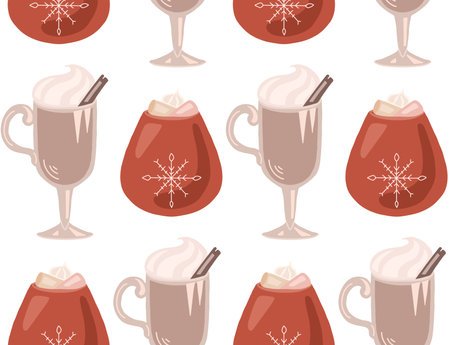 Wallpaper with flat hand drawn cups with eggnog and chocolate. Vector seamless Christmas pattern with holiday beverages. Festive texture for backgrounds, fabrics and your creativityのイラスト素材