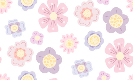 Delicate vector pattern with simple hand drawn flowers on white background. Light flat cartoon pastel floral texture for nursery fabrics and wallpapers. Tender ditsy background.のイラスト素材