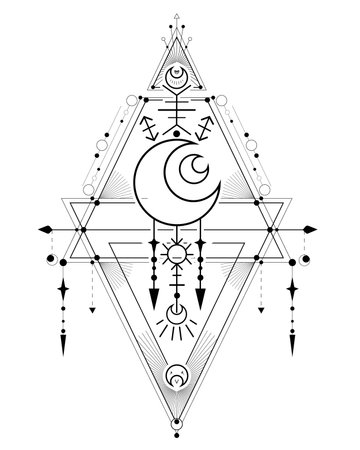 Vector card with black esoteric symbol with crescent, star, sun and geometric decorations. Image with contour space sacred decoration. Outline magic illustration with witchcraft ornament.のイラスト素材