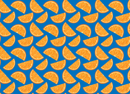 Vector seamless pattern with small orange slices on blue background. Texture with cartoon juicy...