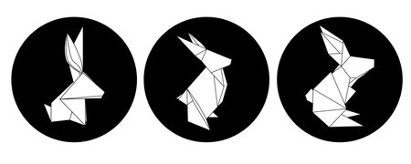 Set of vector badge with outline origami rabbits. Circles with polygonal outline hares isolated from background. Symbol of Chinese New Year. paper zoo.のイラスト素材