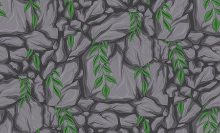Vector seamless pattern with broken stones and stems with leaves. Earthquake and apocalypse danger. Texture with cartoon smashed rocks with cracks on dark background for wallpaper. natural disaster.のイラスト素材
