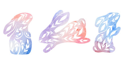 Vector set of decorated rabbits in various poses with violet watercolor background. Collection of hares with leaves and paint stains isolated from background. Ornamental bunnies for logos, iconsのイラスト素材