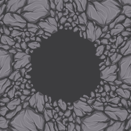 Vector square card with round frame of broken stones and copy space. earthquake danger. Circle clipart smashed rocks with cracks and place for text for banner, card and invitation.のイラスト素材