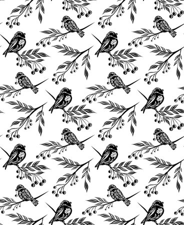Monochrome seamless decorative pattern with birds and rowan berries on branches on white backdrop. Vector black tracery texture with bullfinches on stems. Folk art background for wallpaper and fabricのイラスト素材
