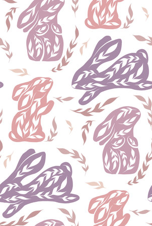 Vector seamless Easter pattern with decorated rabbits and flowers. Nursery texture with folk art bunnies in pastel colors on white background. Holiday backdrop with ornamental hares for fabricのイラスト素材