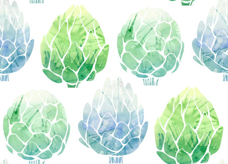 Vector watercolor seamless pattern with silhouette of artichokes on white background in row. Texture with green cabbage vegetable with paint splash. Natural healthy food background for fabric.のイラスト素材