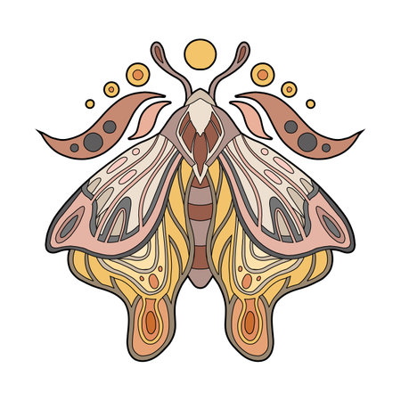 Vector sacred illustration of colorful contour moth with the moon. Color outline butterfly clipart. Line art tracery picture of a flying insect for postcards, sublimation, stickers and bannerのイラスト素材