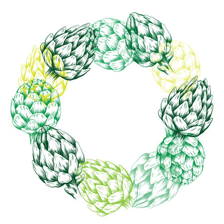 Vector circle frame with green hand drawn artichokes with copy space. Natural healthy food template for card. Wreathのイラスト素材