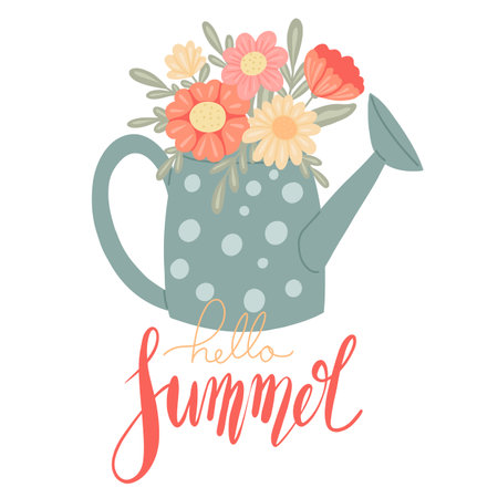 Vector vertical card with flat hand drawn illustration of a garden watering can and lush poppies bouquet with lettering. Slogan hello summer.のイラスト素材