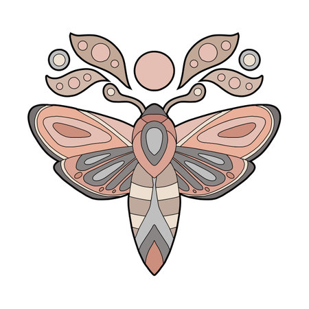 Vector entomology clipart of colorful contour moth with the moon. Color outline butterfly illustration. Line art tracery picture of a flying insect for postcards, sublimation, stickers and bannerのイラスト素材