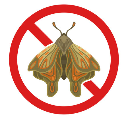 Vector prohibited badge with moth for pesticide and repellent. Forbidden sticker butterfly clipart. Danger to be bite. Poisonous flying insect in ban.のイラスト素材
