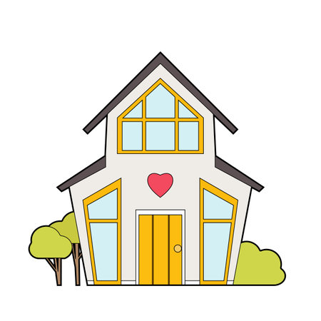 Vector colorful contour illustration of a cute country house. doll house front view. Rental and sale of housing. Outline picture of a suburban building with cute decorations and bushes.のイラスト素材
