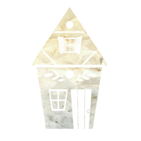 Vector silhouette of a country house with old crumpled paper background. Downtown architecture. Watercolor cottage. Outline picture of a suburban building with for commercial logo, iconのイラスト素材