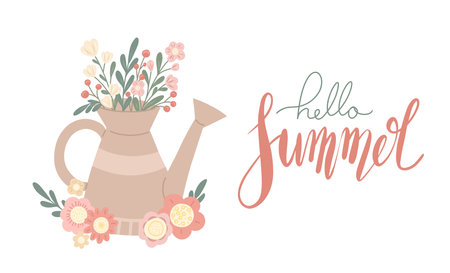 Vector horizontal card with flat hand drawn illustration of garden watering can and bouquet of berries, flowers and leaves with lettering. Hello summer slogan. Floral banner with quote in pastel colorのイラスト素材