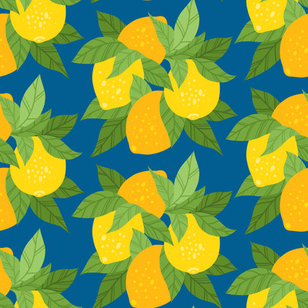 Vector seamless pattern with bunch of lemons with foliage on blue background. Texture with hand...