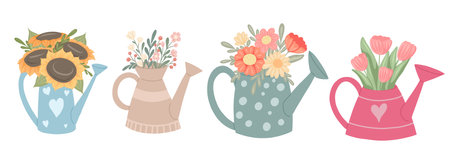 Vector set of various watering cans with bouquets of flowers. Summer set with gardening tools and floral arrangement. Cartoon elements for stickers, sublimation and your creativityのイラスト素材