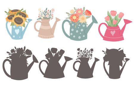 children's educational fun. Find right black silhouette for watering cans with bouquets of flowers. Vector template for summer preschool games. Find the correct shadow for gardening toolsのイラスト素材