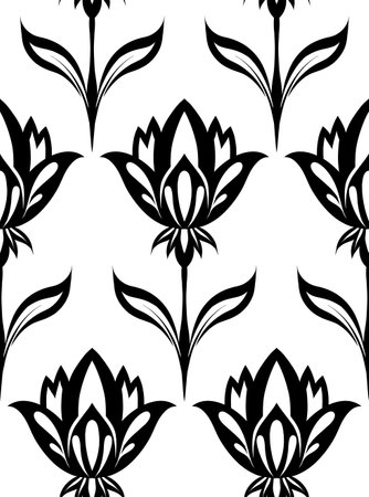 Simple vector pattern with black silhouettes decorative geometric flowers on white background. Monochrome floral folk art texture. Background for curtains, tablecloths and clothesのイラスト素材