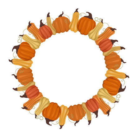 Round frame of pumpkins with place for text isolated from the background. Vector template with vegetables wreath and copy space. Farm border for invitations, cards and your designのイラスト素材