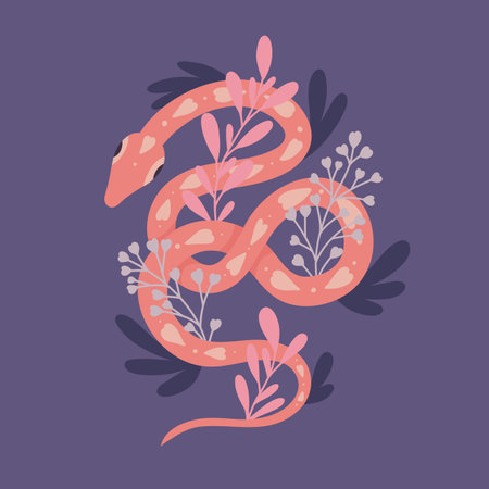 Vector postcard with a pink tracery snake with herbs and stems with foliage on a purple background. Flat postcard with a serpentのイラスト素材