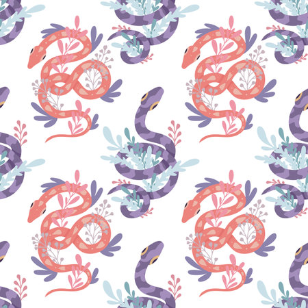 Vector seamless pattern with a pink and violet snakes with herbs and stems on white background....