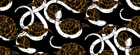 Vector seamless pattern with white snake silhouettes with tribal decorations and peonies on a black...