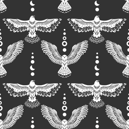 Vector texture with white owls and eagles with spread wings on gray backdrop. Decorative monochrome seamless pattern with flying birds and crescents. Surface design for fabric, wrapping paperのイラスト素材