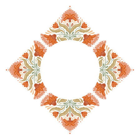 Vector frame with decorative flower arrangement and copy space. Folk art card with symmetrical orange flowers, stems, foliage and place for text isolated from background. Floral border for invitationのイラスト素材