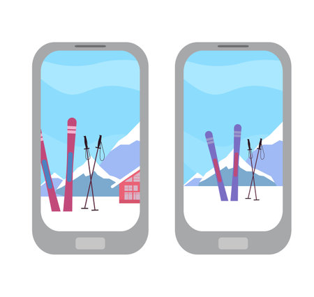 Application for booking skis and holidays in the mountains. Vector flat illustration with smartphones and skis with mountains on display. Sports App Clipart Setのイラスト素材