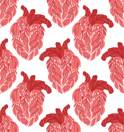 Vector seamless pattern with pink human hearts made of leaves on white background. Texture on organ transplant theme. Eco friendly lifestyle background for fabric and wallpaperのイラスト素材