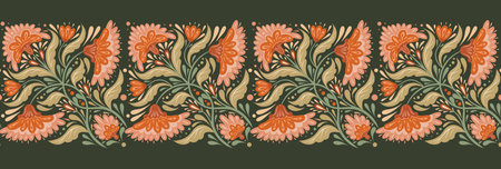 Vector decorative seamless horizontal border with floral composition in pastel colors. Folk art...