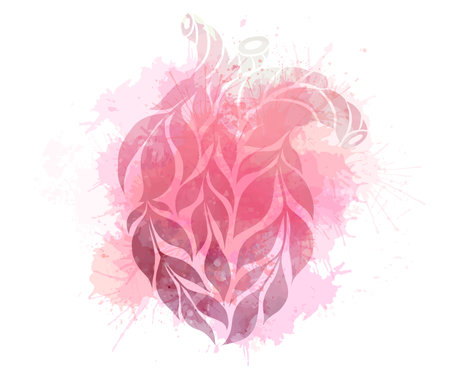 Vector watercolor clipart of pink human heart made of leaves with dye splashes isolated from background. Organ Transplant. Healthy eco friendly lifestyle. Love natureのイラスト素材