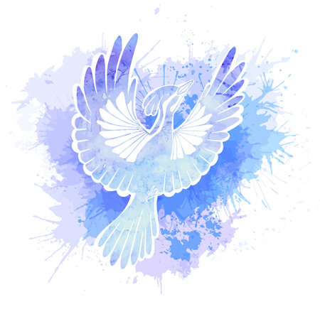 Vector illustration of a stylized bird with watercolor splashes on a white background. Painting of the silhouette of a flying bird. Clipart for stickers, sublimation and your designのイラスト素材