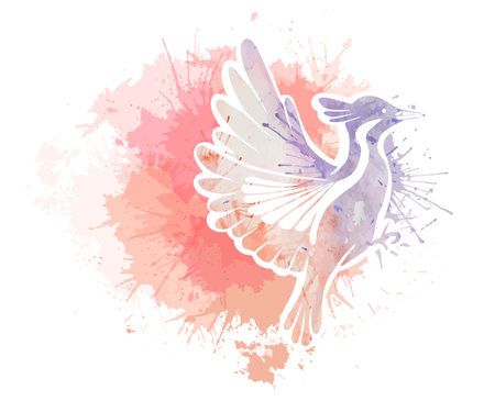 Vector illustration of a stylized bird with watercolor splatters on a white background. Painting of the silhouette of a flying bird with dye sprays. Clipart for stickers, sublimation and your designのイラスト素材